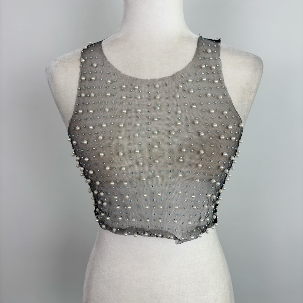 Beach Bunny Glitzy Girl Mesh Pearl Top & Skirt Set in Black Size S - Picture 2 of 15